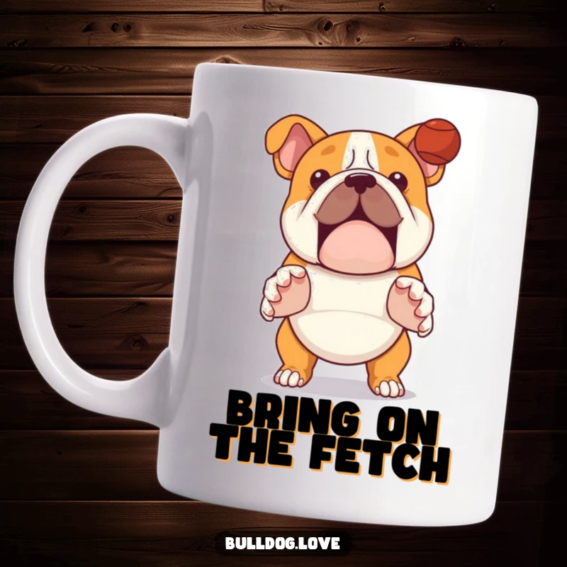 Funny bulldog mug, a dog with paws outstretched, attentively focused on catching a thrown ball.
