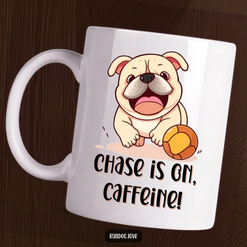 Funny bulldog with intense focus, playfully chasing a bouncing ball on a ceramic mug, embodying energetic canine joy.