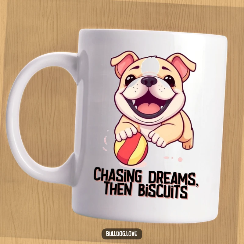 Funny bulldog pup mug, grinning widely while enthusiastically chasing a bright bouncy ball, capturing pure playful energy.