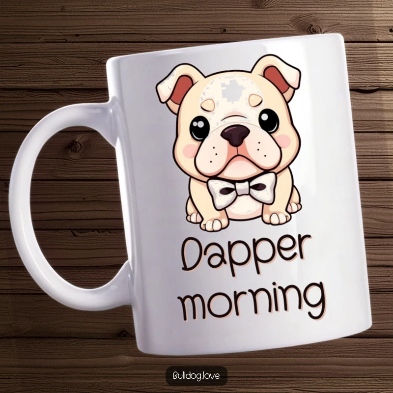 Funny mug depicting a bulldog wearing a small, dapper bowtie, exuding confidence with a subtle, knowing smirk, looking rather distinguished.