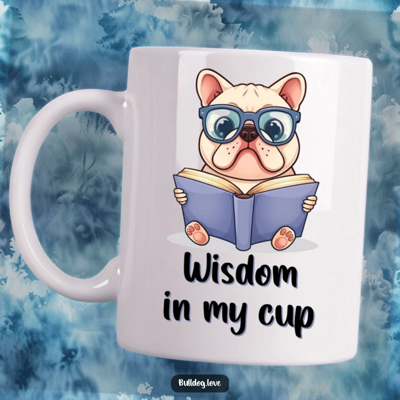 Funny bulldog mug featuring a bulldog wearing oversized glasses, engrossed in reading a large book, exuding studious charm.