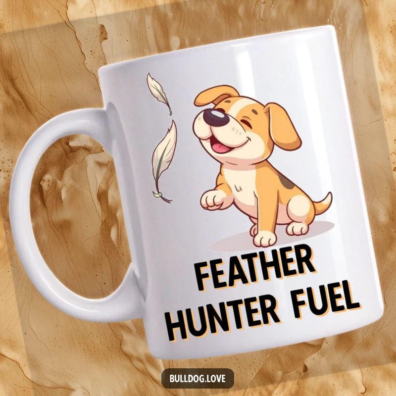 Funny Broad Snout Dog Mug: Dog with a wide snout concentrating playfully on catching a single floating feather.