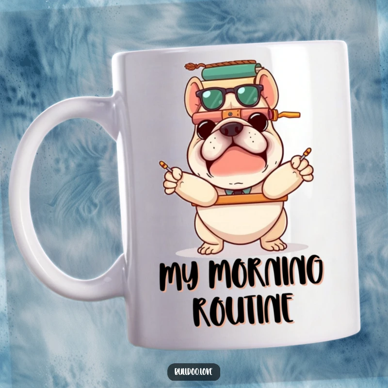 Funny bulldog struggling to balance several stacked items precariously on a ceramic mug, depicting chaotic effort and humor.