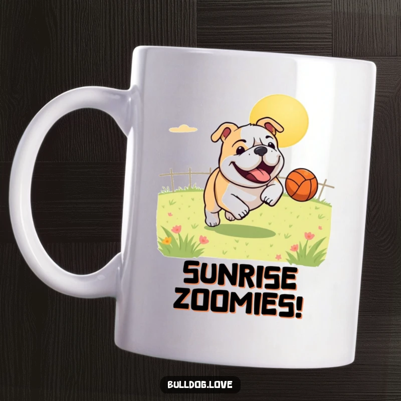 Funny mug showing a joyful, energetic bulldog gleefully chasing after a bouncing ball in a bright, sunny field, capturing pure playtime ecstasy.