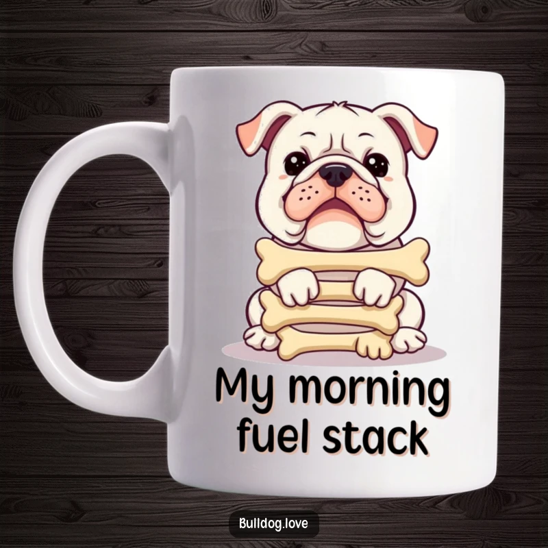 Funny bulldog mug, balancing a precarious tower of tasty bones, looking determined and hilarious, perfect for dog enthusiasts.