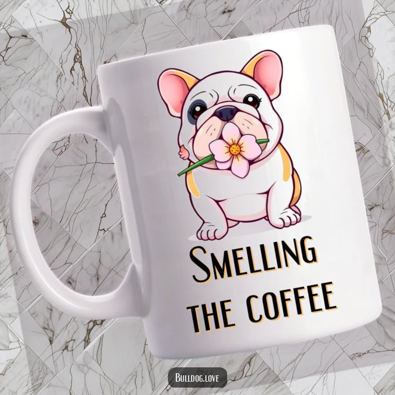 Funny Bulldog Mug: A proud bulldog stands tall, holding a delicate flower gently in its mouth, radiating sweetness.