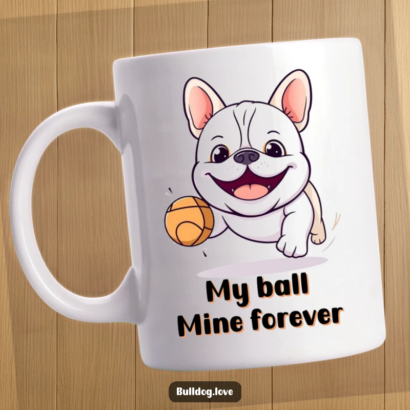 Funny kawaii bulldog mug with a massive smile, energetically chasing a bright red bouncing ball, full of playful determination.