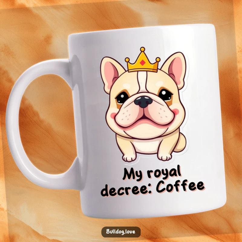 Funny bulldog mug featuring a goofy-grinning bulldog wearing a small, slightly crooked crown, exuding playful royal charm.