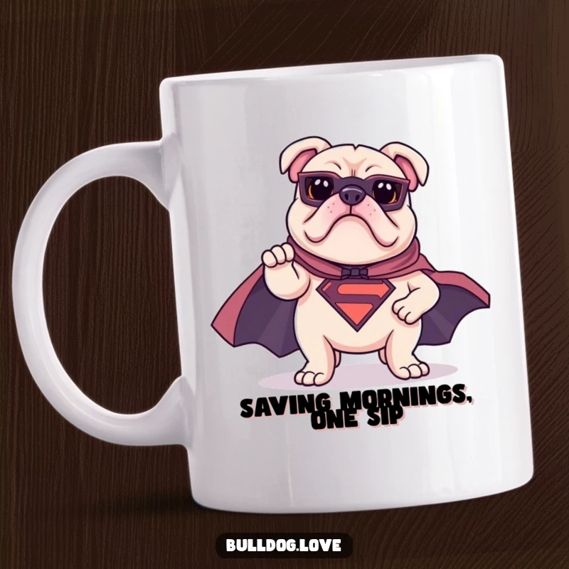 Funny bulldog mug featuring a bulldog in a superhero cape striking a heroic pose, exuding courage and comical might.