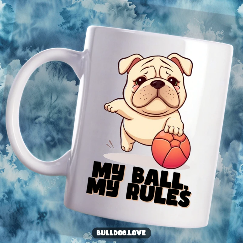 Funny Stocky Dog Mug: Wrinkled face dog gleefully leaps after a bright red ball, capturing pure, comical joy and energy.