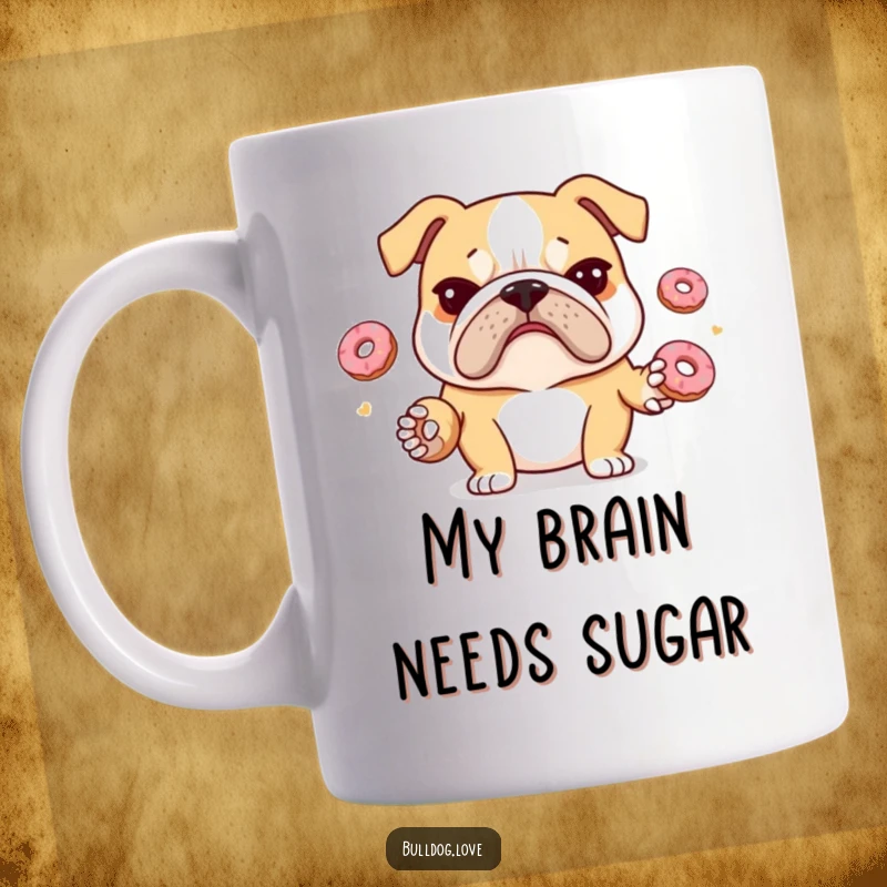 Funny bulldog mug showing a stressed bulldog with a furrowed brow attempting to juggle several tiny donuts, looking overwhelmed.
