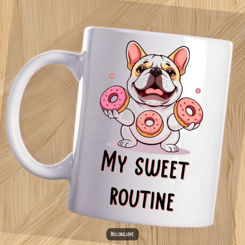 Funny mug showing a determined bulldog masterfully juggling three colorful donuts with a look of pure, focused delight.