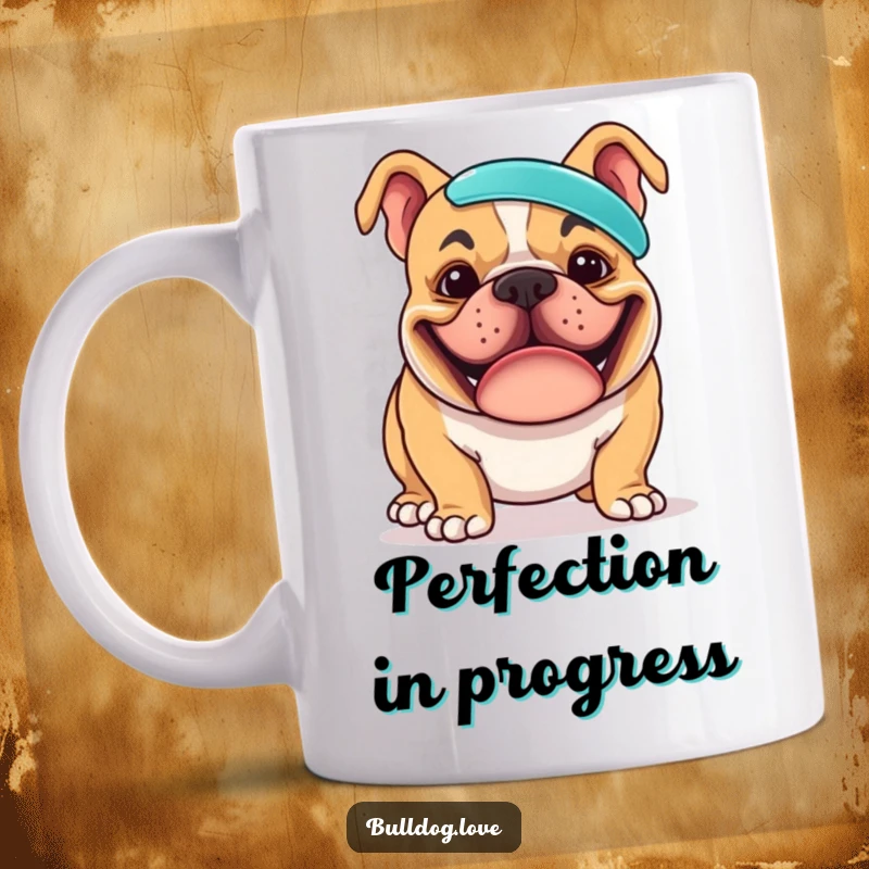 Funny mug depicting a bulldog with a wide, goofy grin hilariously attempting to balance a frisbee perfectly on its nose, showcasing pure focus and silliness.
