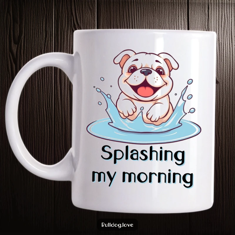 Funny bulldog mug featuring a dog gleefully splashing with abandon in a muddy puddle, radiating pure happiness.