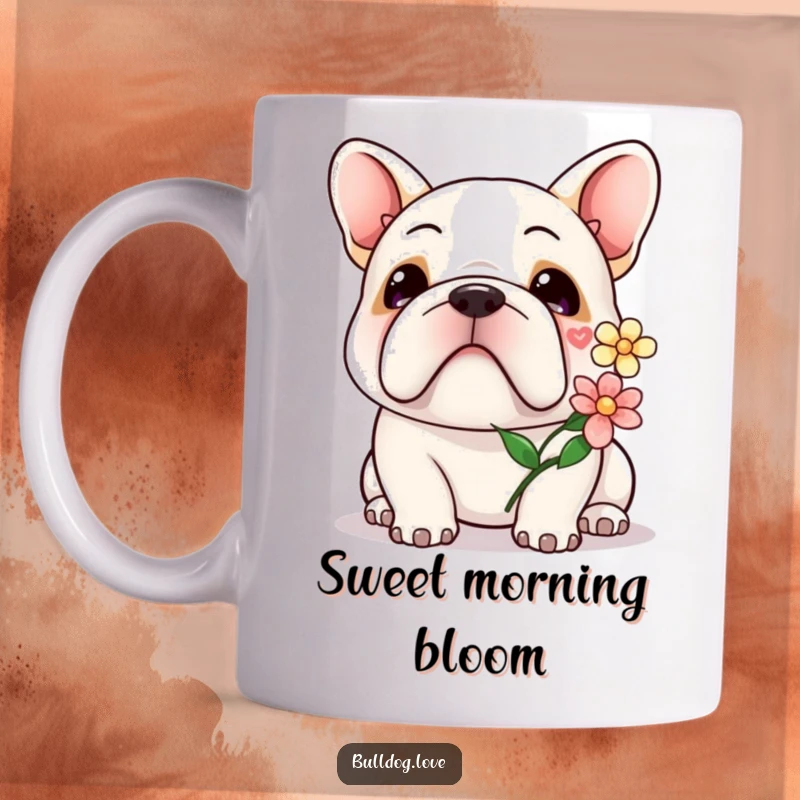 Kawaii bulldog mug featuring a cute dog with a gentle smile, tenderly offering a delicate flower.