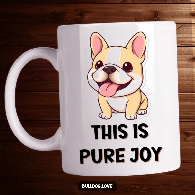 Funny Kawaii Bulldog Mug with an oversized, happy panting smile, radiating pure joy and making you laugh.
