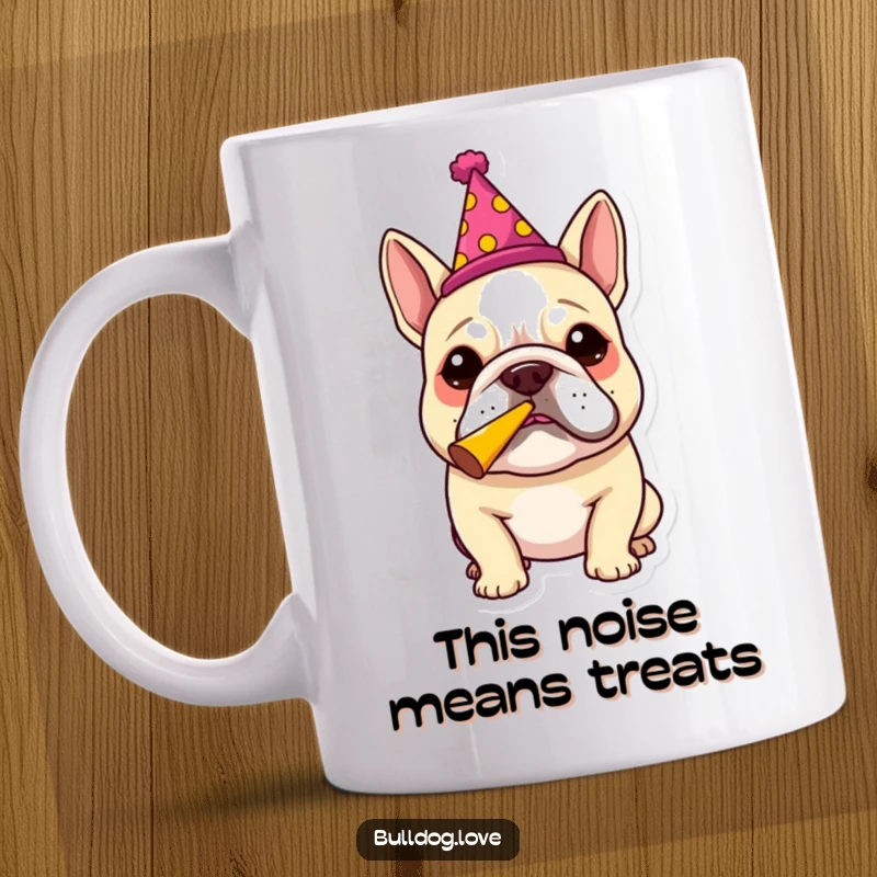 Funny bulldog in a party hat blowing a horn, celebrating joyfully on a festive ceramic mug, ideal for party lovers.