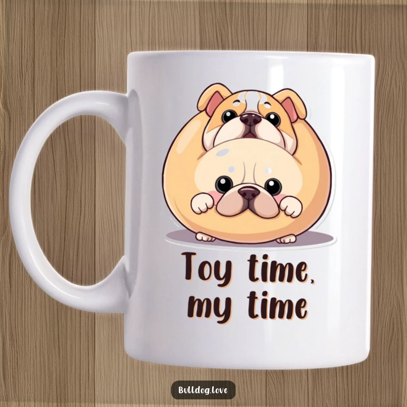 Funny bulldog mug, a cute dog peeking mischievously from behind a comically large squeaky toy.