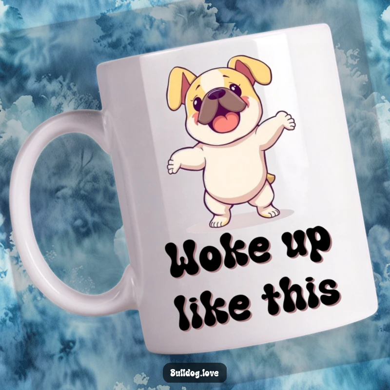 Funny bulldog with long floppy ears, dancing energetically with wild abandon on a ceramic mug, radiating pure happiness.
