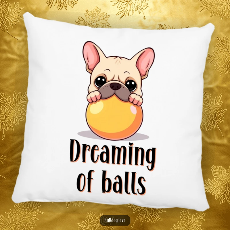 Funny Bulldog Pillow: A plush pillow with a bulldog peeking over a large, colorful ball. Perfect funny gift.