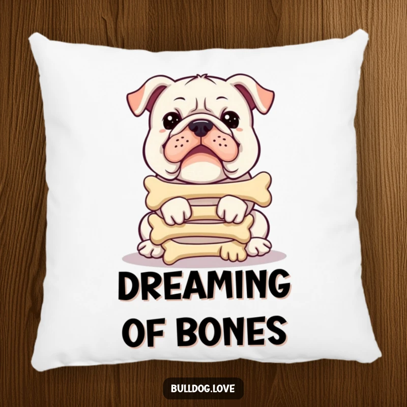 Funny bulldog pillow, balancing a tall stack of bones, looking adorably determined, perfect for adding humor to decor.