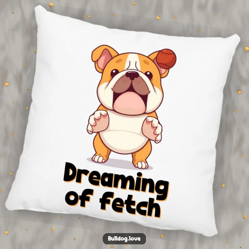 Funny bulldog pillow, soft and decorative, showing a dog with paws outstretched, ready to catch a ball.