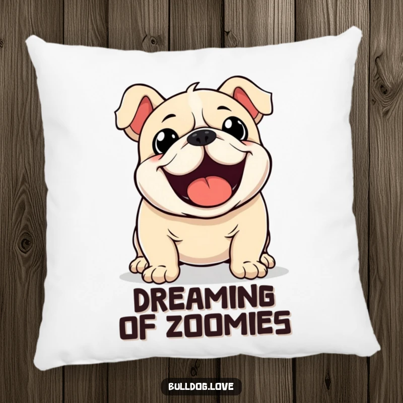 Funny Kawaii Bulldog Pillow showcasing a dog with a furiously wagging tail, offering comfort and sheer excitement.