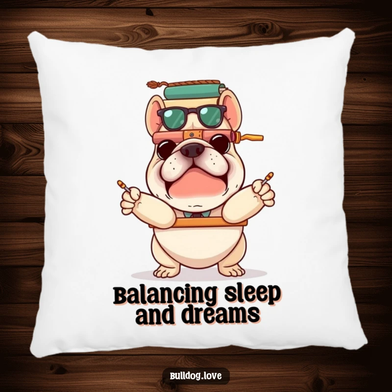 Funny bulldog precariously balancing stacked items, featured on a soft pillow, adding a touch of humorous comfort to any seat.