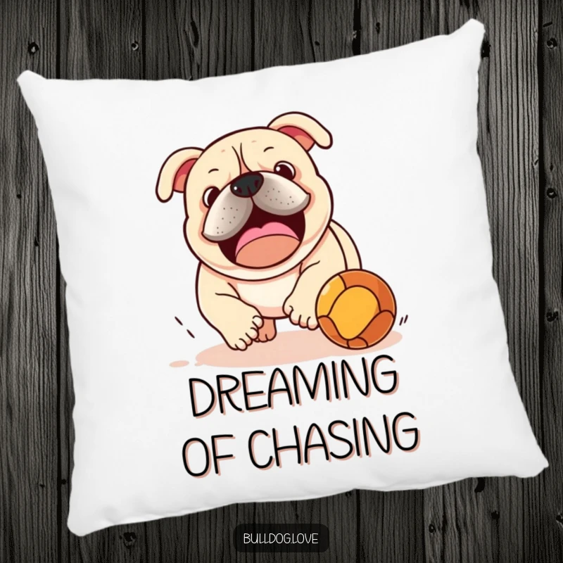 Funny bulldog playfully chasing a bouncing ball, featured on a soft pillow, adding a touch of playful comfort to any armchair.