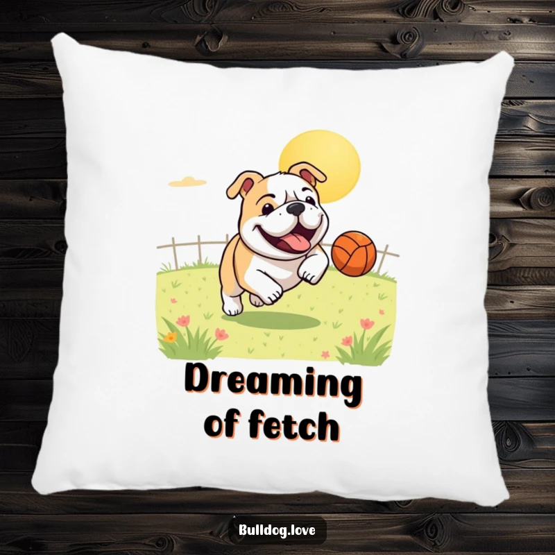 Funny pillow featuring a gleeful bulldog mid-chase, leaping after a bouncing ball in a sunny field, perfect for adding playful charm.