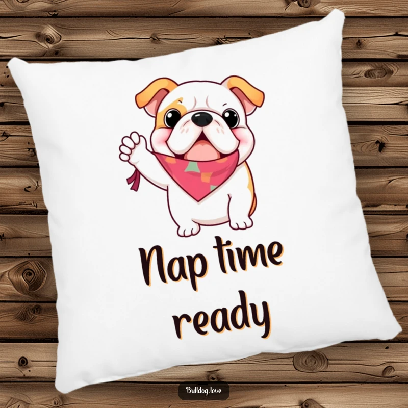 Funny bulldog pillow, waving a colorful bandana enthusiastically, looking friendly and welcoming, great for sofas.