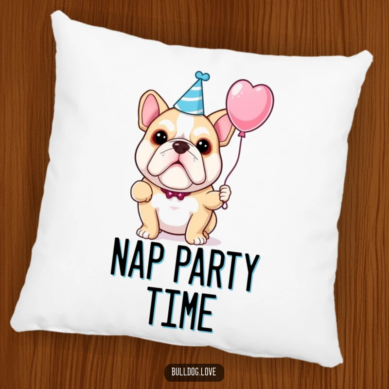 Funny bulldog party pillow featuring a dog in a party hat, holding a single, festive balloon.