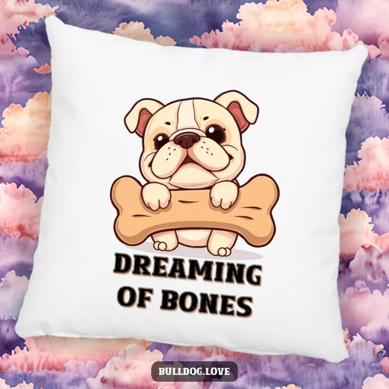 Funny Bulldog Pillow: A bulldog with a cheeky grin peeks from behind a bone, offering comfort and humor.