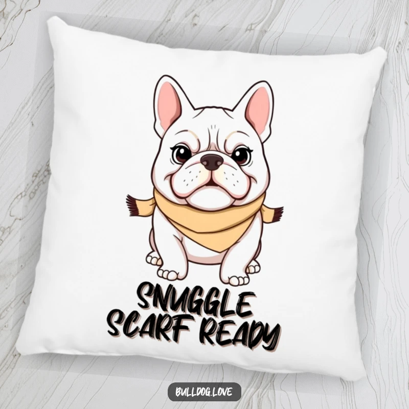 Funny Bulldog Pillow: A soft pillow showcasing a determined bulldog wearing a tiny scarf, offering comfort and a humorous touch. Perfect funny gift.