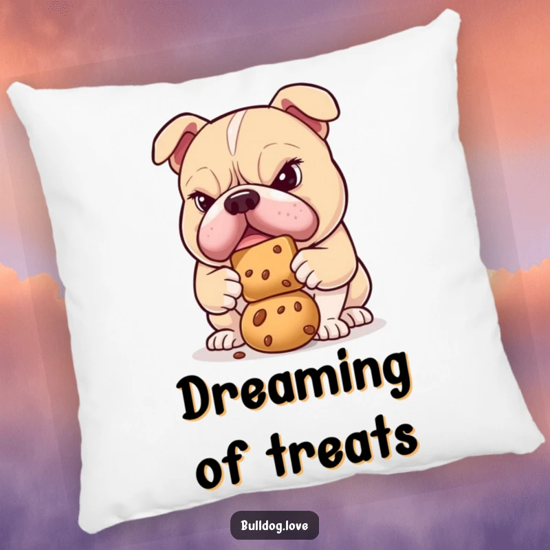 Funny bulldog pillow with a determined dog concentrating on balancing a treat, offering comfort and decor.