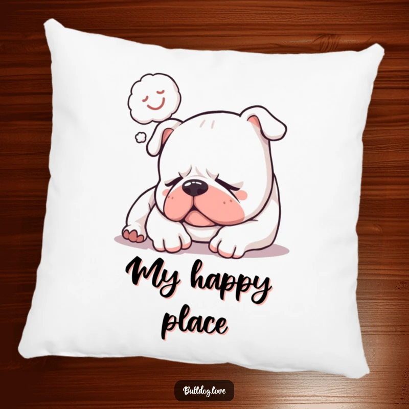 Funny pillow featuring a sleepy bulldog softly snoring with a happy dream bubble, offering humorous comfort and peaceful dreams.