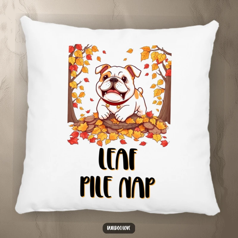 Funny bulldog pillow featuring a dog playfully pouncing on autumn leaves, bringing seasonal cheer and comfort.