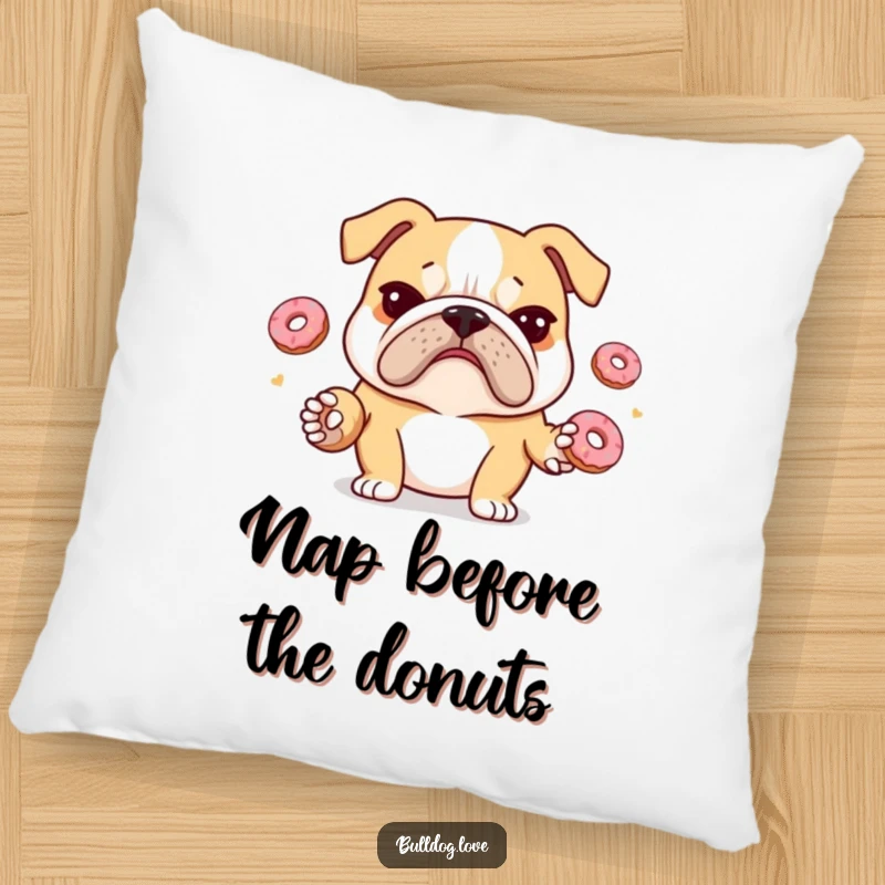 Funny bulldog pillow featuring a stressed bulldog with a furrowed brow juggling donuts, offering comfort and relatable humor.