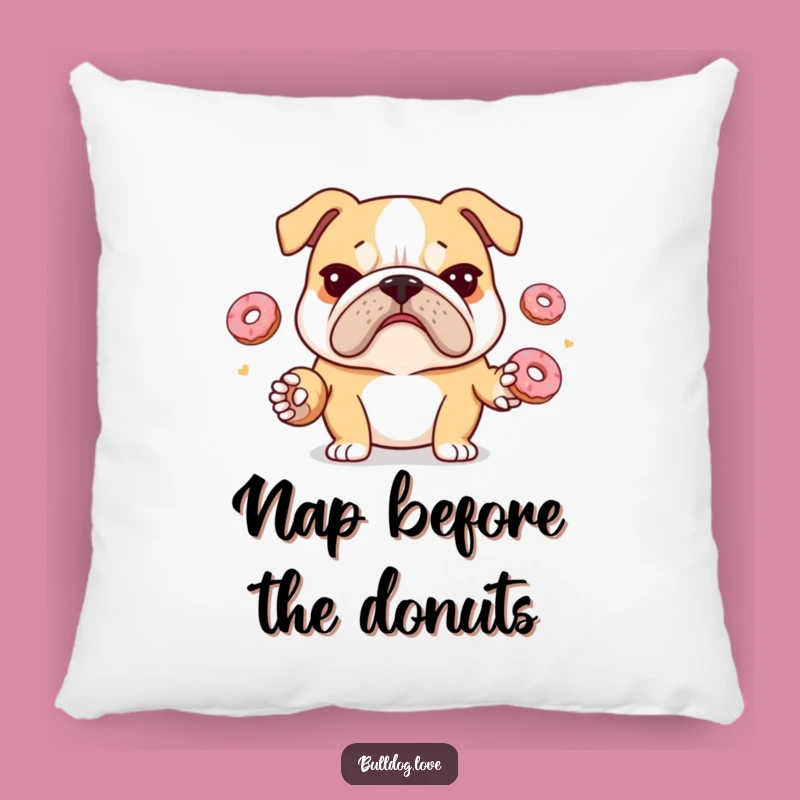 Funny Juggling Bulldog Pillow: Stressed Pup Donuts Comfort, Hilarious Gift for Relaxation