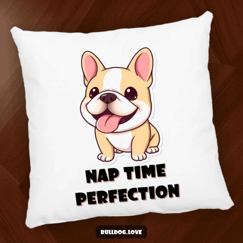 Funny Kawaii Bulldog Pillow showcasing a dog with a wide, happy panting smile, offering soft comfort and joy.