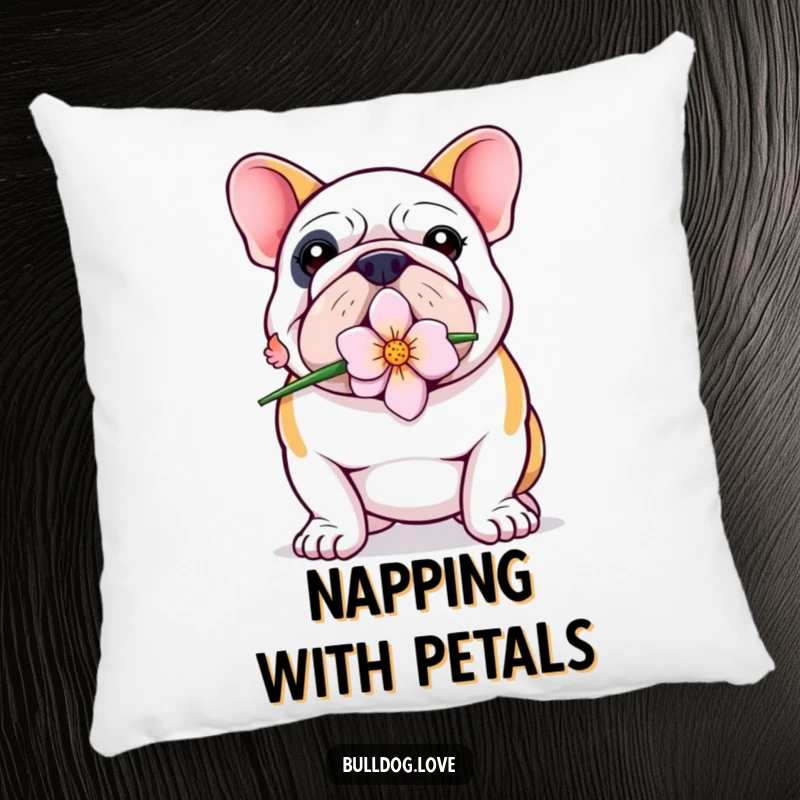 Funny Bulldog Pillow: A proud bulldog with a flower in its mouth, offering a soft and sweet decorative touch.