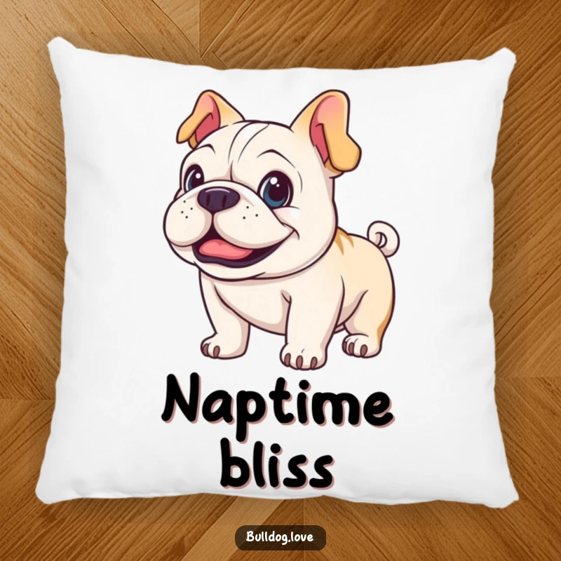 Funny happy bulldog pillow, soft and decorative, showing a dog with bright eyes and wagging tail.