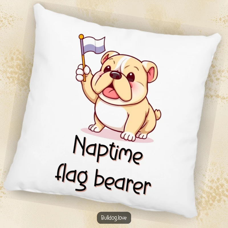 Funny bulldog pillow depicting an enthusiastic dog waving a flag with a wagging tail, bringing patriotic humor.
