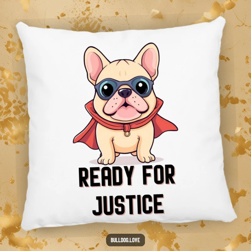 Funny Kawaii Bulldog Superhero Pillow showing a cute dog in a cape, ready to provide comfort and a touch of funny heroism.