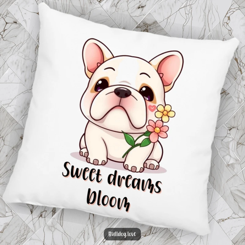 Kawaii bulldog flower pillow featuring a cute dog with a gentle smile, offering a flower.