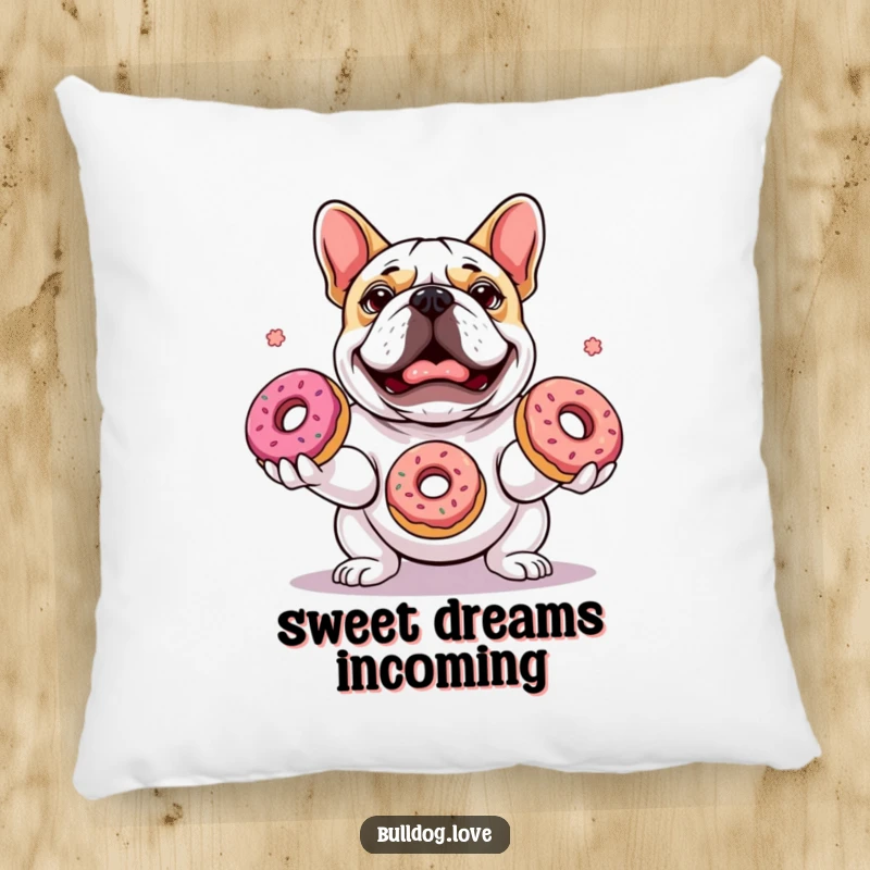 Funny pillow showing a charming bulldog with a look of focused delight while masterfully juggling three colorful donuts.