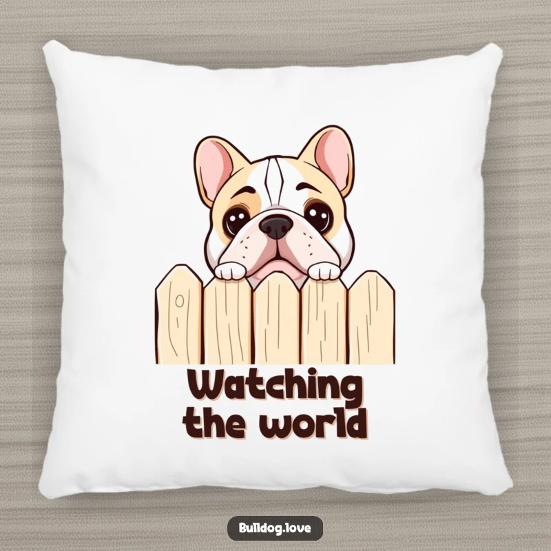 Funny bulldog peeking pillow featuring a dog peeking over a fence with curious eyes.