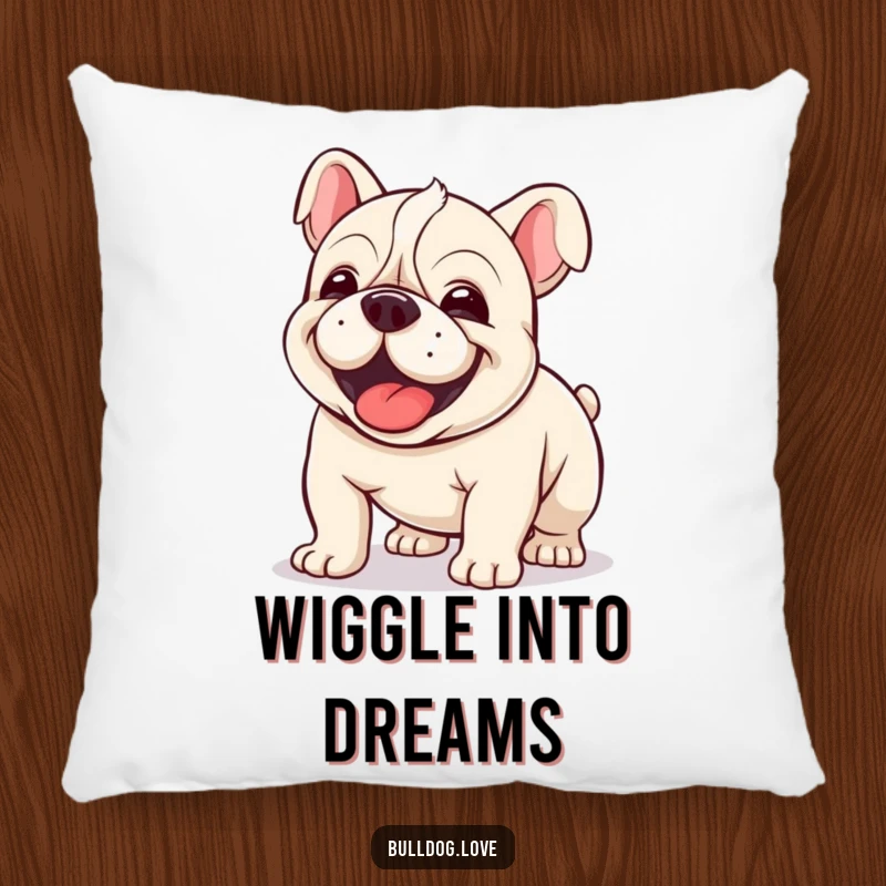 Funny Kawaii Bulldog Pillow showcasing a dog in a joyful, clumsy wiggle, offering comfort and amusement.