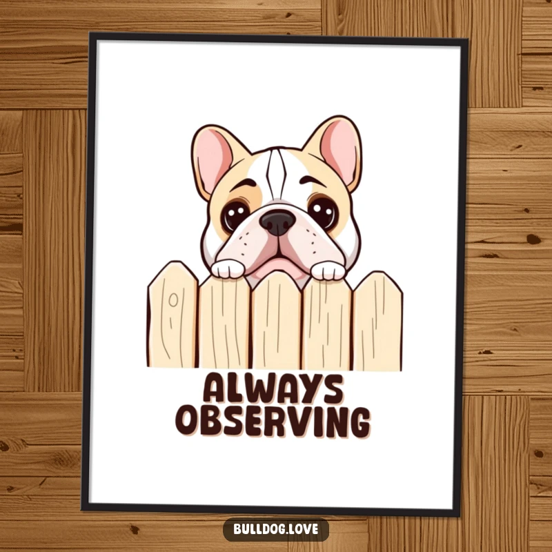 Funny bulldog peeking digital art print of a dog peering over a fence with wide, curious eyes.