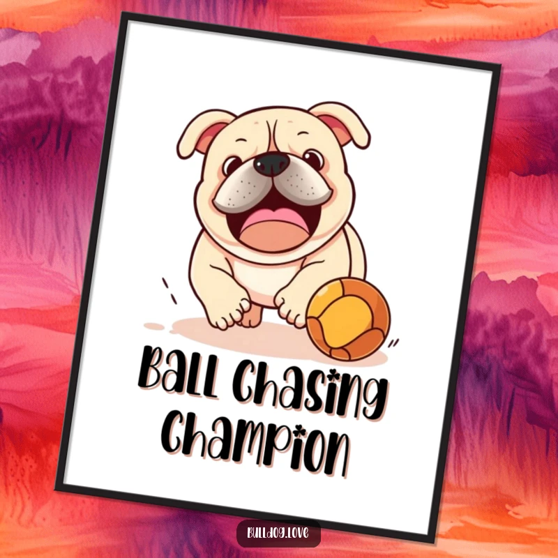 Funny bulldog intensely chasing a bouncing ball, as a digital art print, bringing dynamic energy and playful fun to any room.